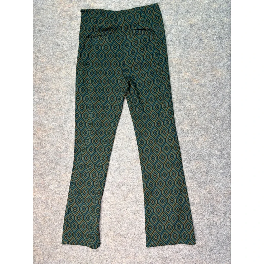 Free People‎ Printed Flare Pants Womens Sz 2 Olive Green Blue Geometric